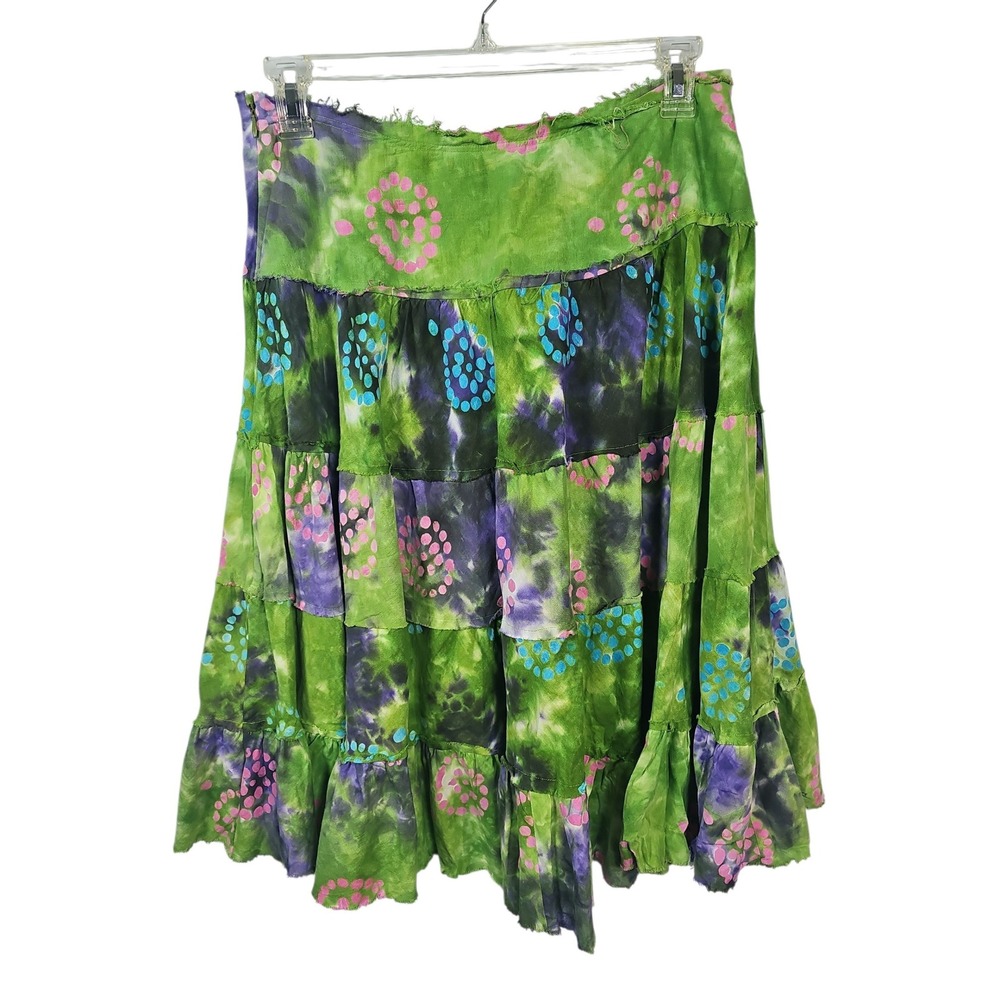 Willi Smith Skirt Tie Dye Tiered Cotton Boho Fairy Grunge Green Pink Women's 8